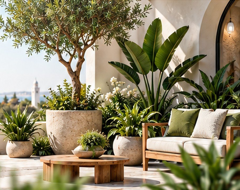 Terrasse aménagée avec oliviers et plantes